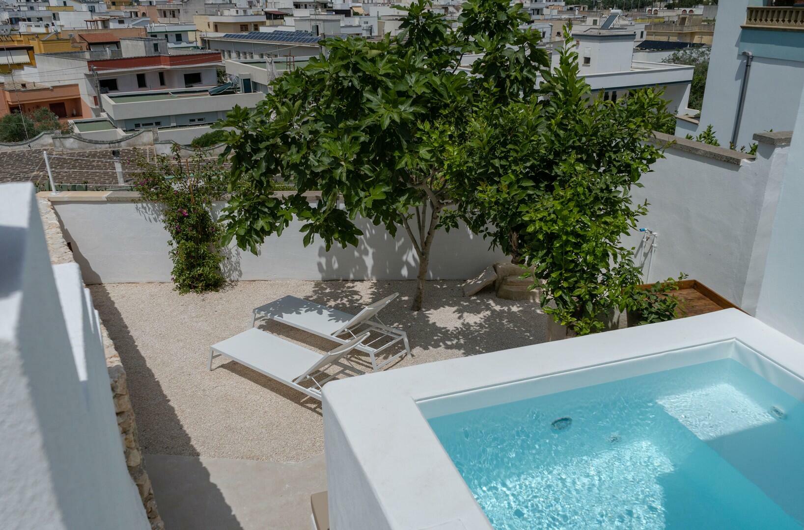 Mini piscine et un espace solarium