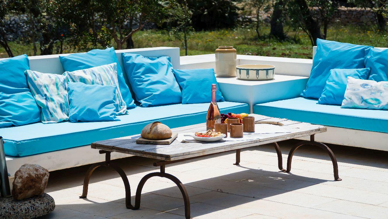 Outdoor sofa pool area